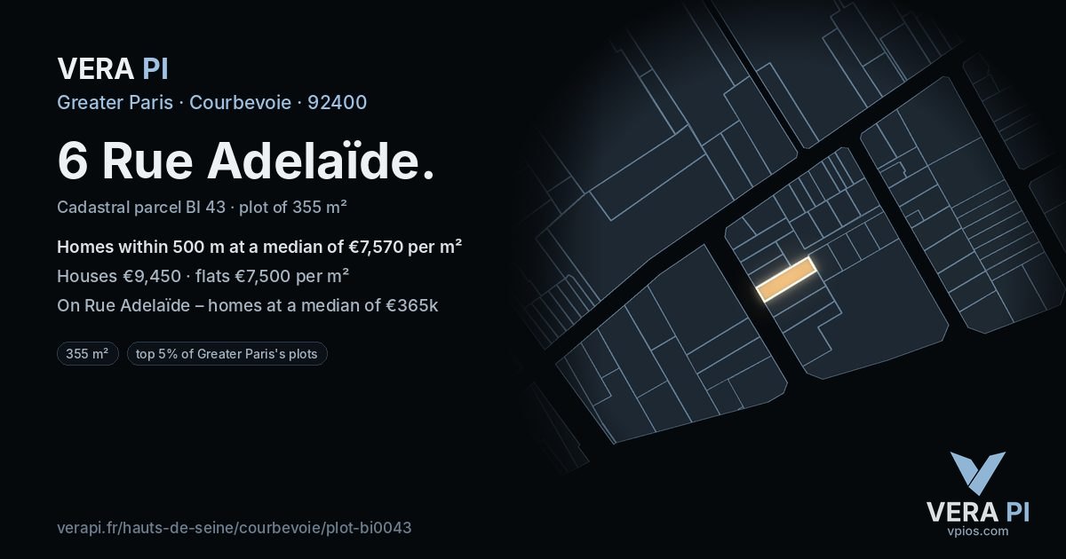 6 Rue Adelaïde, Courbevoie at night – the plot lit, the parcels around coloured by the prices near them
