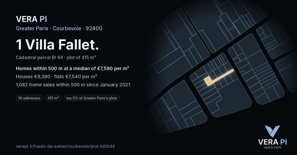 1 Villa Fallet, Courbevoie at night – the plot lit, the parcels around coloured by the prices near them
