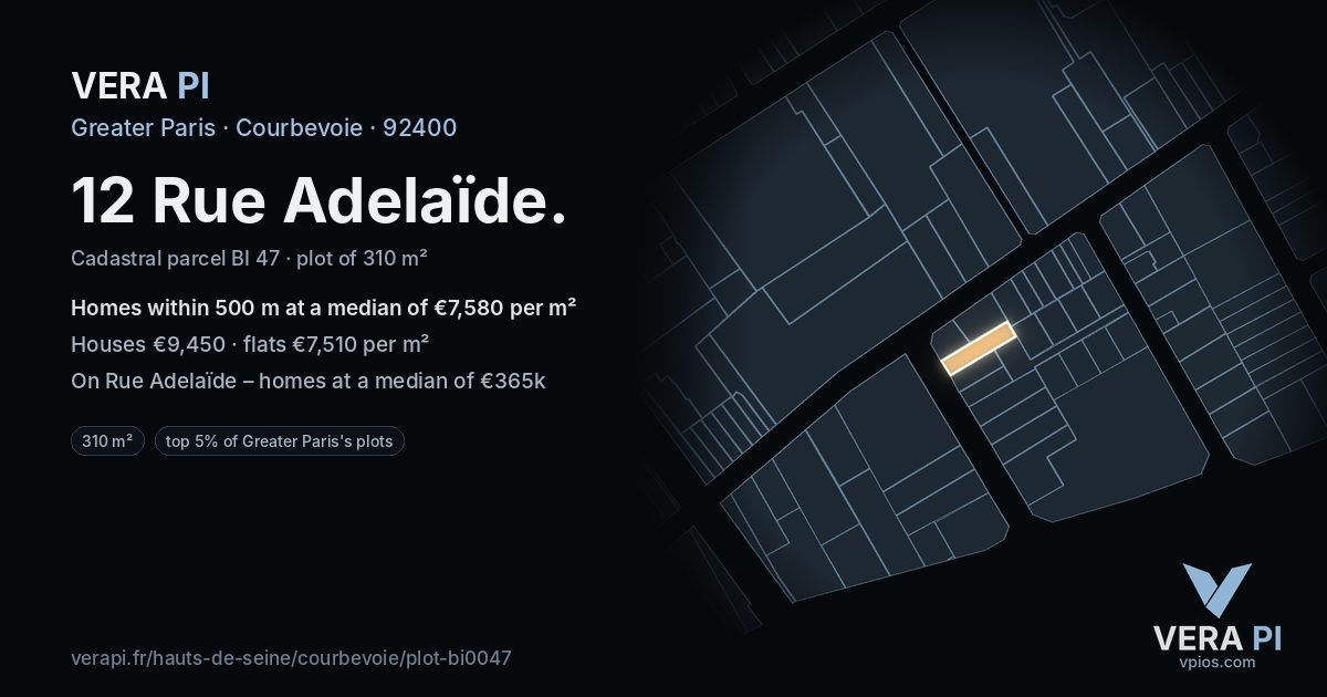 12 Rue Adelaïde, Courbevoie at night – the plot lit, the parcels around coloured by the prices near them