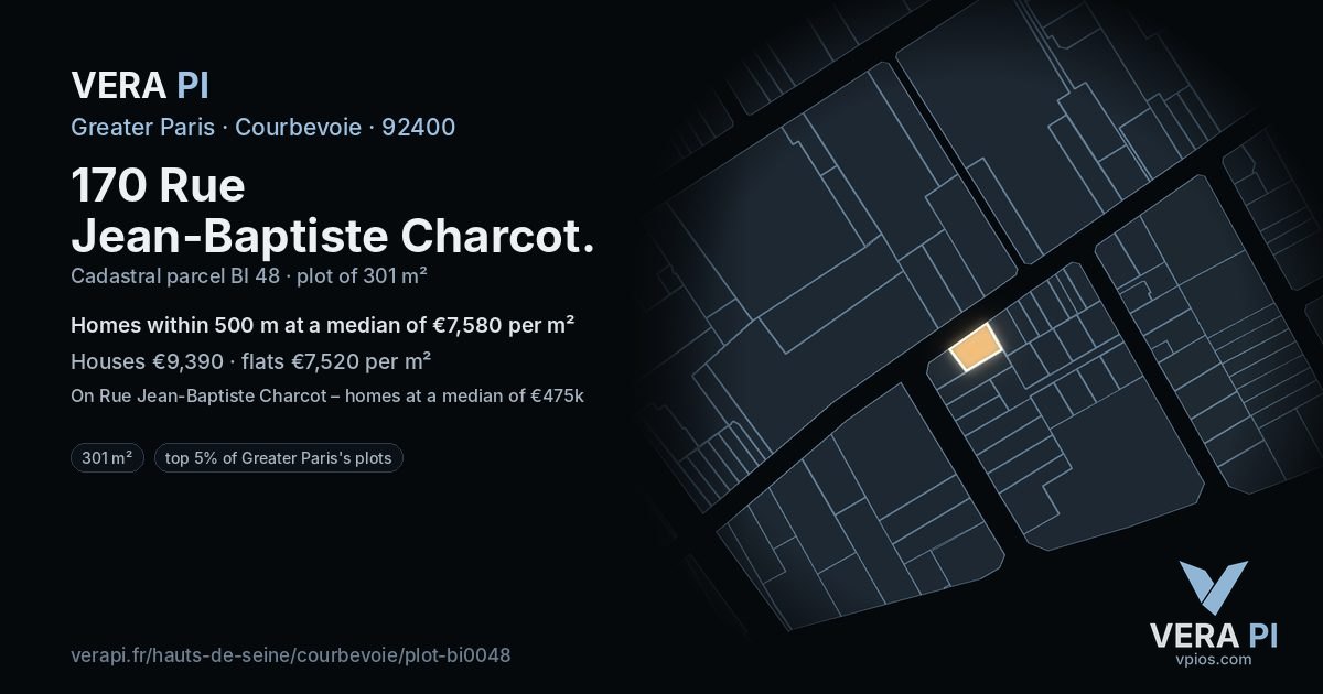 170 Rue Jean-Baptiste Charcot, Courbevoie at night – the plot lit, the parcels around coloured by the prices near them