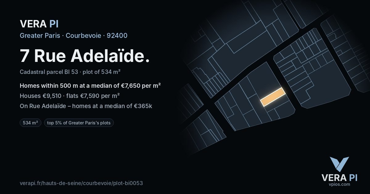 7 Rue Adelaïde, Courbevoie at night – the plot lit, the parcels around coloured by the prices near them