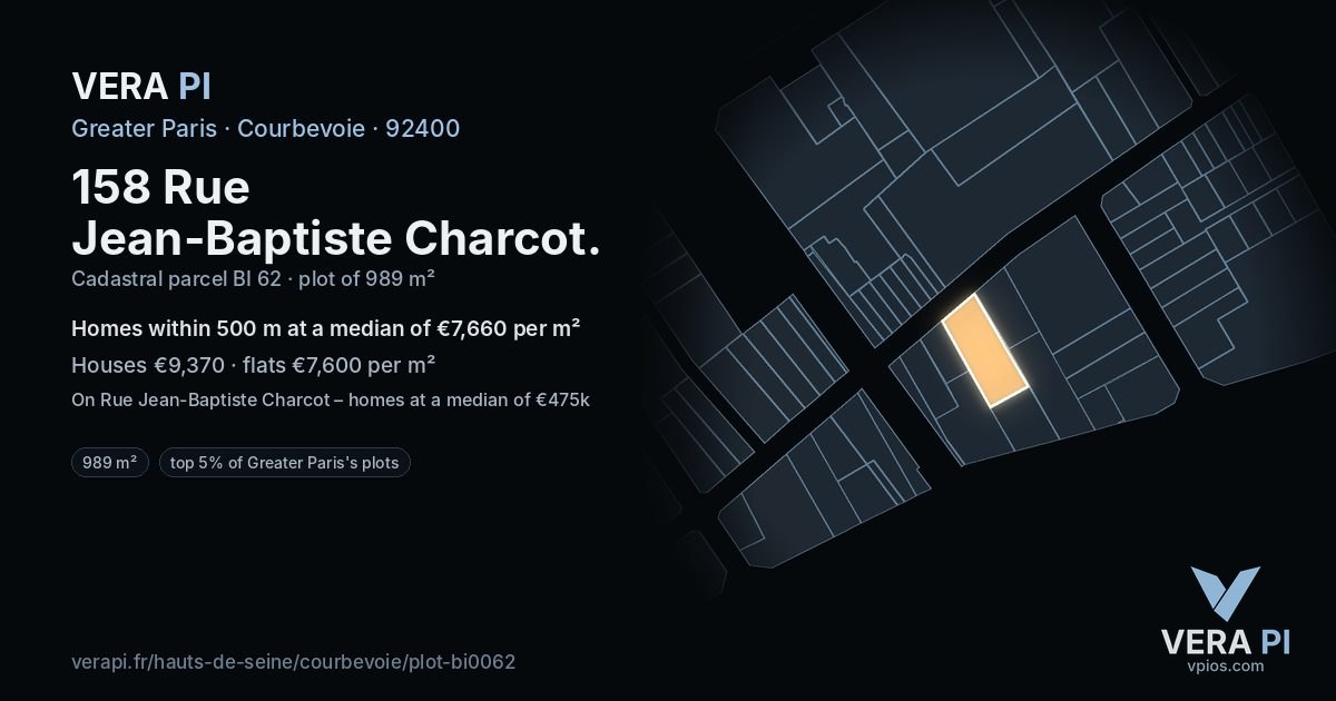 158 Rue Jean-Baptiste Charcot, Courbevoie at night – the plot lit, the parcels around coloured by the prices near them