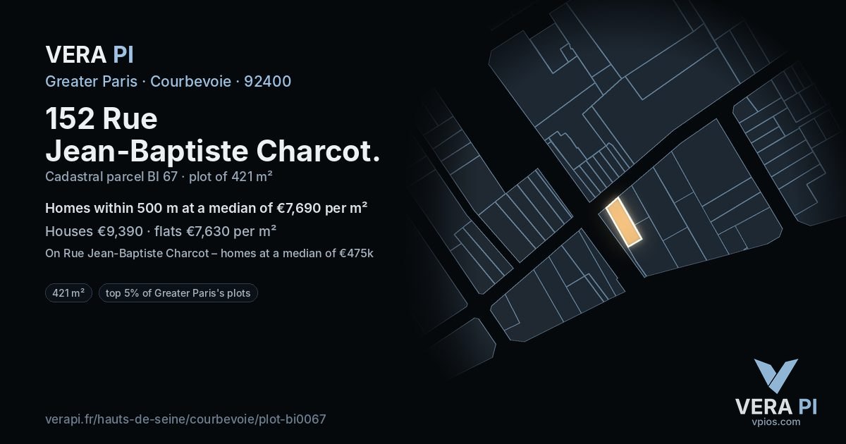 152 Rue Jean-Baptiste Charcot, Courbevoie at night – the plot lit, the parcels around coloured by the prices near them