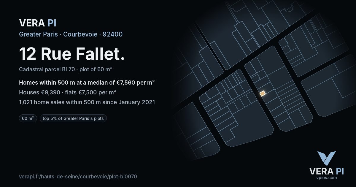 12 Rue Fallet, Courbevoie at night – the plot lit, the parcels around coloured by the prices near them