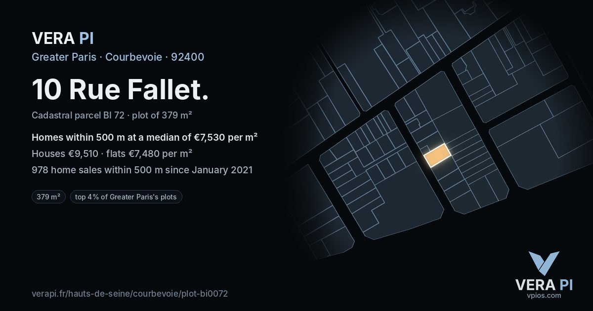 10 Rue Fallet, Courbevoie at night – the plot lit, the parcels around coloured by the prices near them