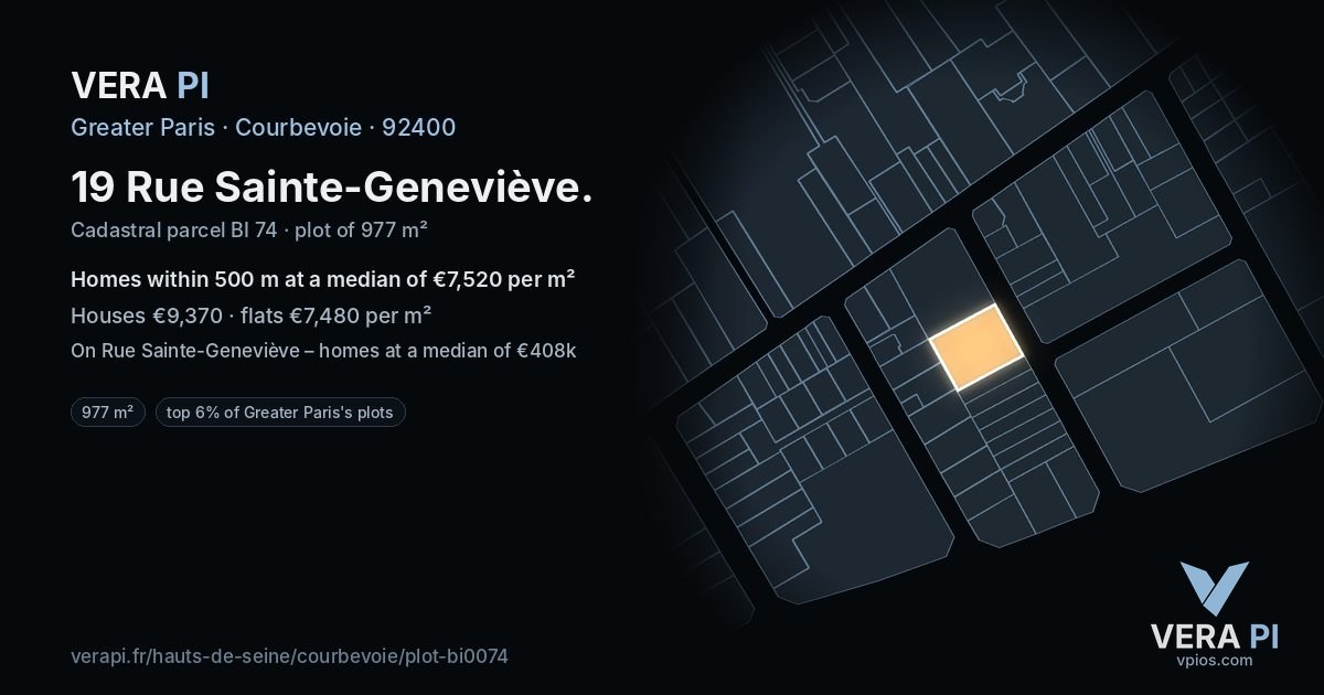 19 Rue Sainte-Geneviève, Courbevoie at night – the plot lit, the parcels around coloured by the prices near them