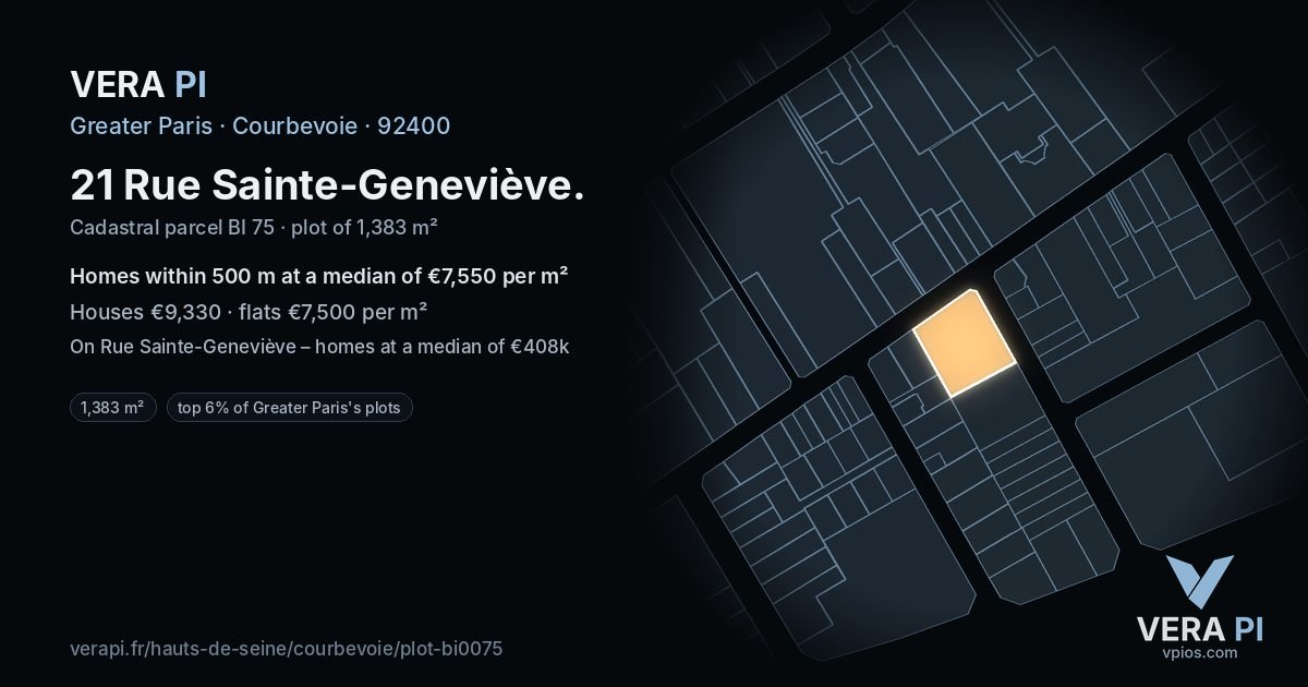 21 Rue Sainte-Geneviève, Courbevoie at night – the plot lit, the parcels around coloured by the prices near them