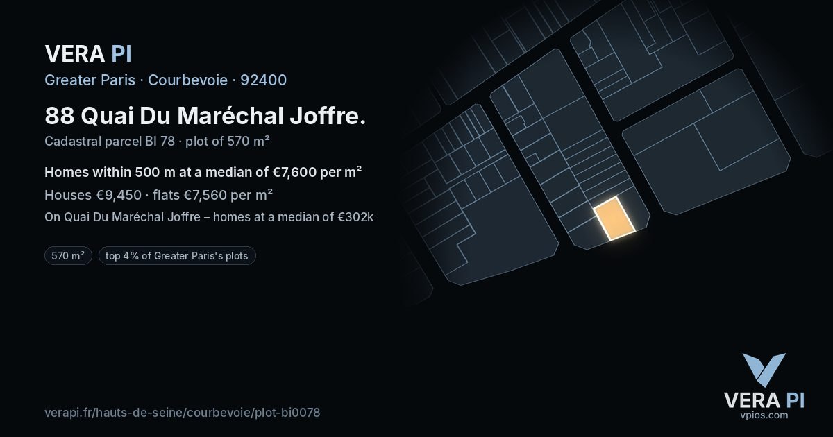 88 Quai Du Maréchal Joffre, Courbevoie at night – the plot lit, the parcels around coloured by the prices near them