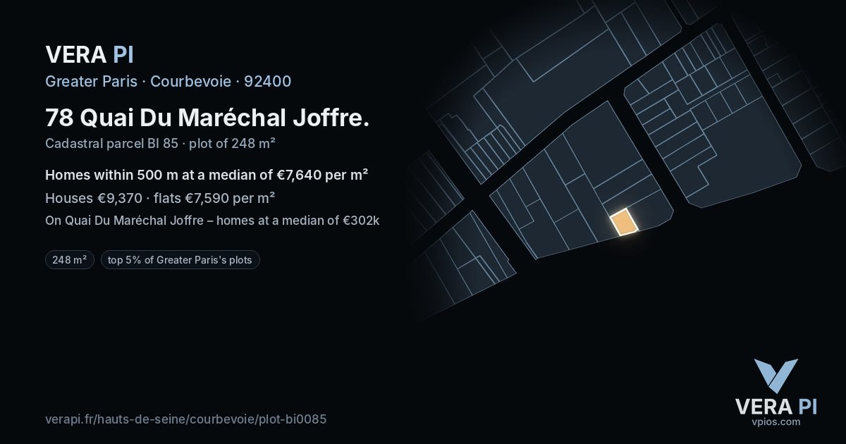 78 Quai Du Maréchal Joffre, Courbevoie at night – the plot lit, the parcels around coloured by the prices near them