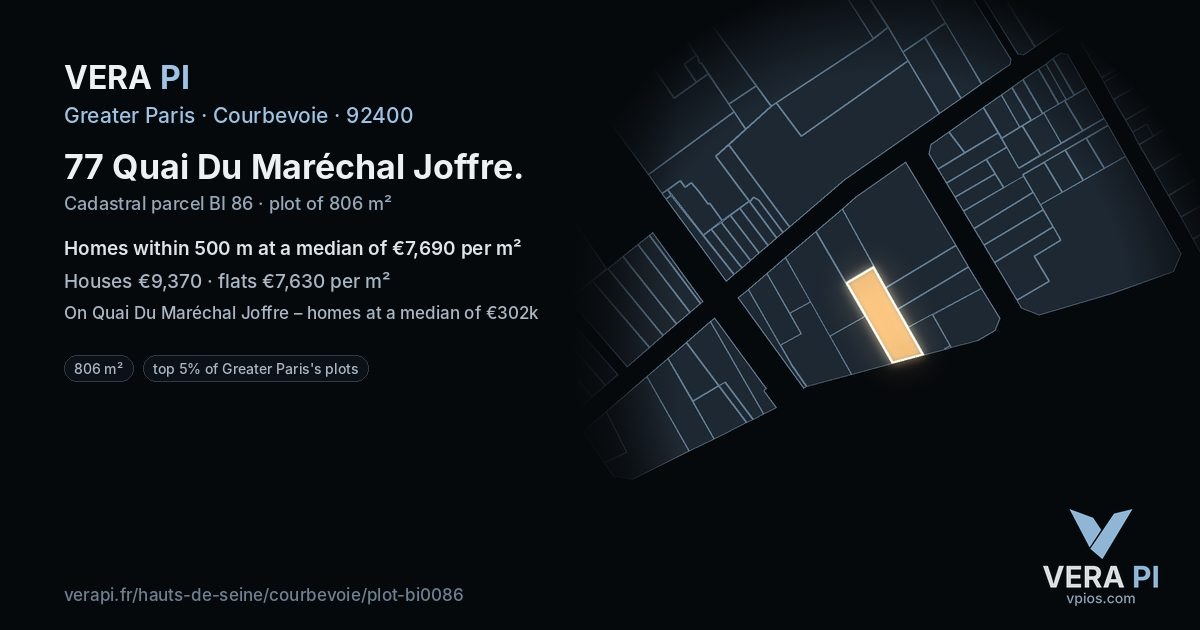 77 Quai Du Maréchal Joffre, Courbevoie at night – the plot lit, the parcels around coloured by the prices near them