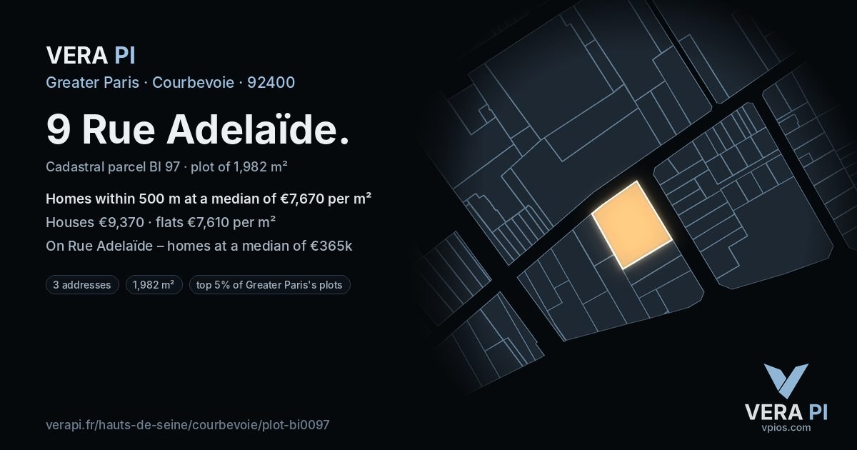 9 Rue Adelaïde, Courbevoie at night – the plot lit, the parcels around coloured by the prices near them