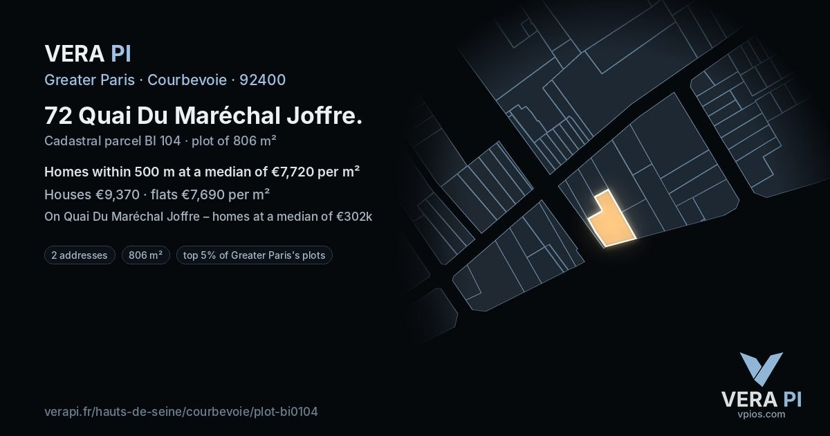 72 Quai Du Maréchal Joffre, Courbevoie at night – the plot lit, the parcels around coloured by the prices near them