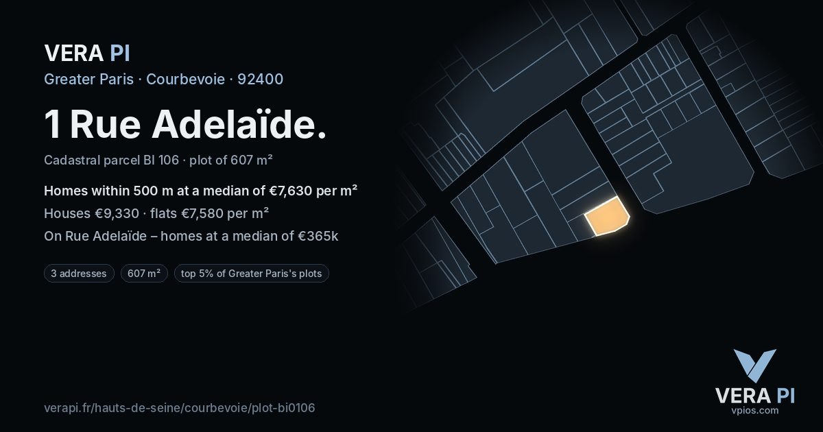 1 Rue Adelaïde, Courbevoie at night – the plot lit, the parcels around coloured by the prices near them