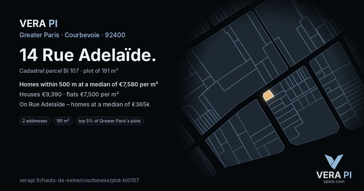 14 Rue Adelaïde, Courbevoie at night – the plot lit, the parcels around coloured by the prices near them