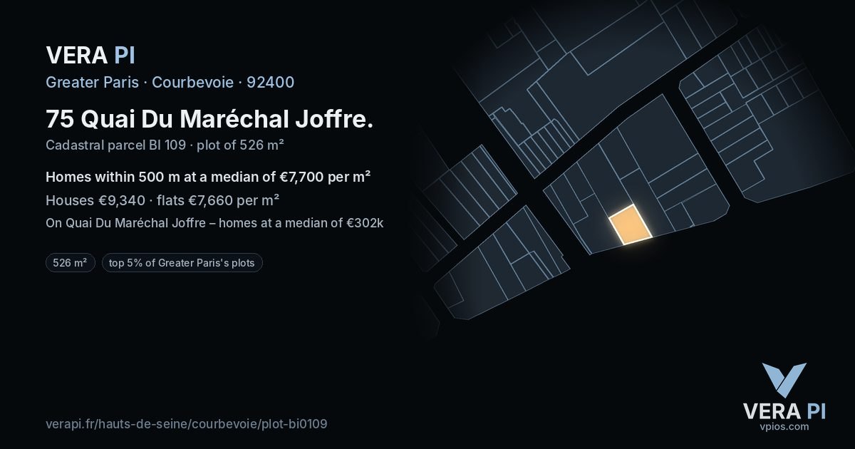 75 Quai Du Maréchal Joffre, Courbevoie at night – the plot lit, the parcels around coloured by the prices near them