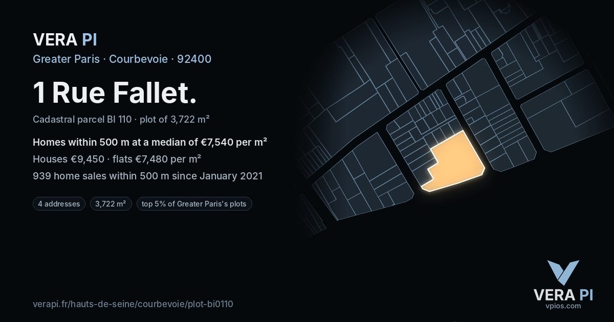 1 Rue Fallet, Courbevoie at night – the plot lit, the parcels around coloured by the prices near them