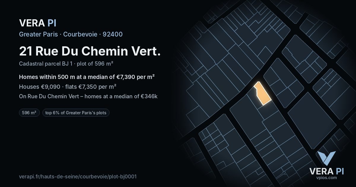 21 Rue Du Chemin Vert, Courbevoie at night – the plot lit, the parcels around coloured by the prices near them