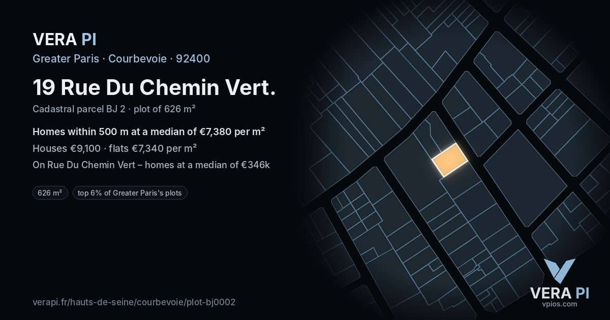 19 Rue Du Chemin Vert, Courbevoie at night – the plot lit, the parcels around coloured by the prices near them