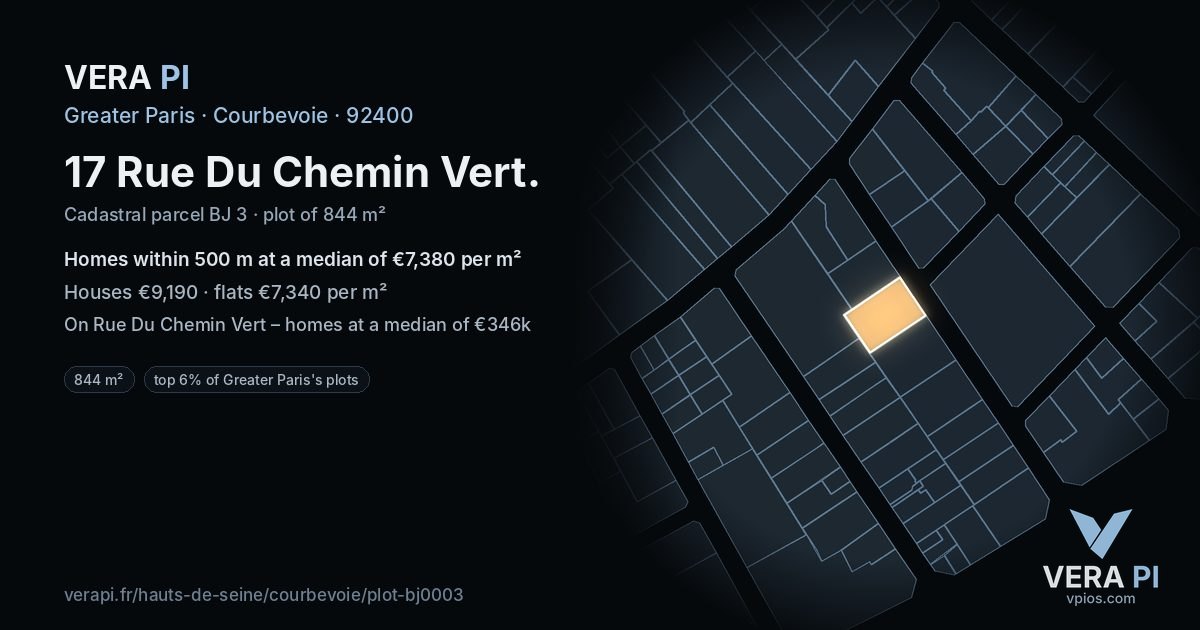 17 Rue Du Chemin Vert, Courbevoie at night – the plot lit, the parcels around coloured by the prices near them