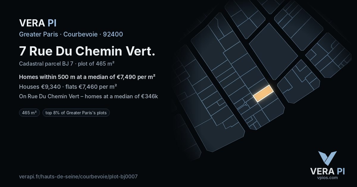 7 Rue Du Chemin Vert, Courbevoie at night – the plot lit, the parcels around coloured by the prices near them
