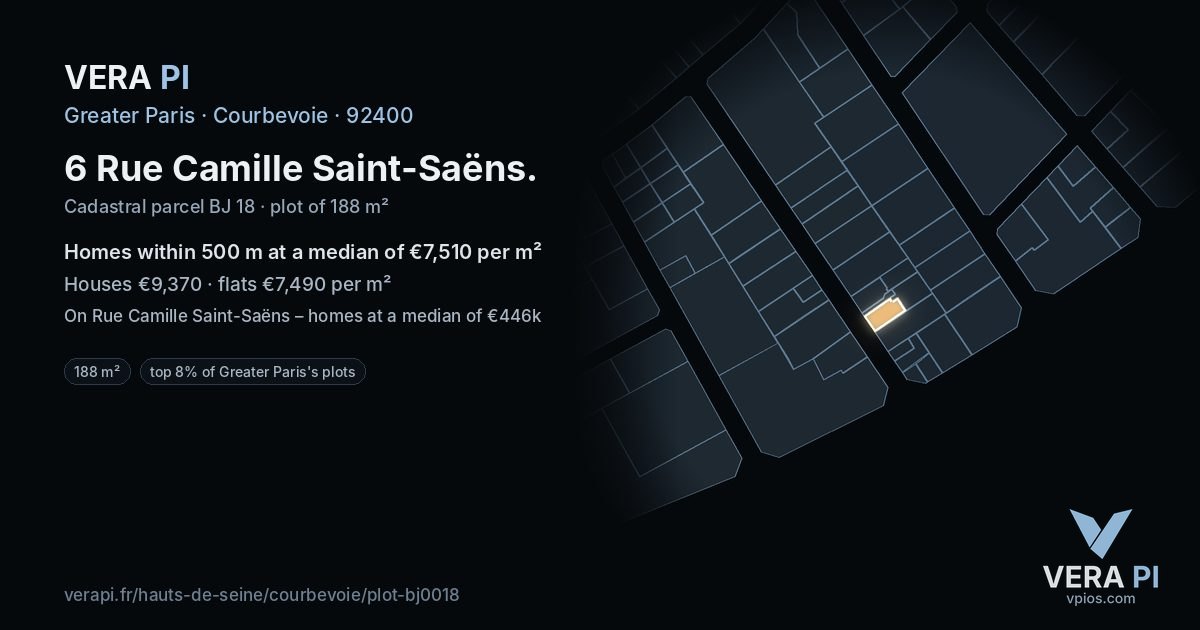 6 Rue Camille Saint-Saëns, Courbevoie at night – the plot lit, the parcels around coloured by the prices near them