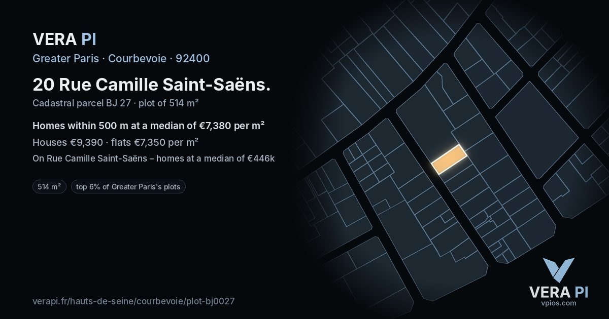20 Rue Camille Saint-Saëns, Courbevoie at night – the plot lit, the parcels around coloured by the prices near them