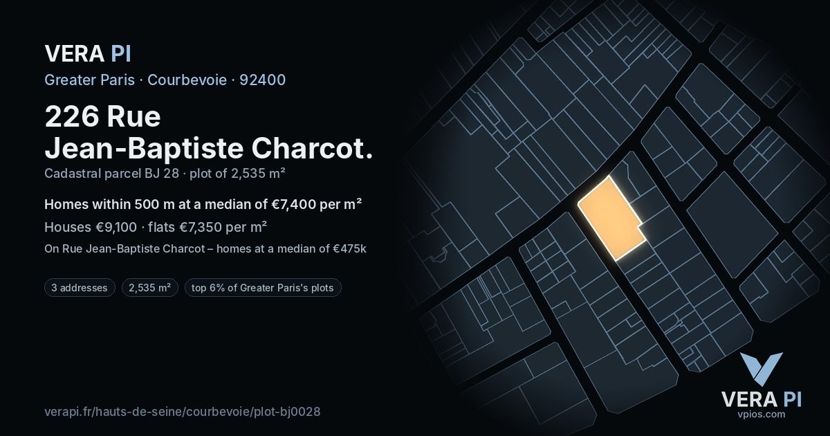 226 Rue Jean-Baptiste Charcot, Courbevoie at night – the plot lit, the parcels around coloured by the prices near them