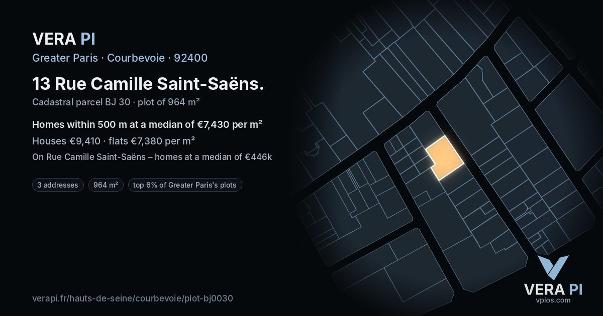 13 Rue Camille Saint-Saëns, Courbevoie at night – the plot lit, the parcels around coloured by the prices near them
