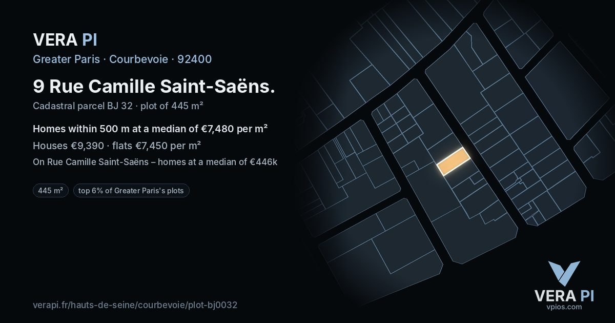 9 Rue Camille Saint-Saëns, Courbevoie at night – the plot lit, the parcels around coloured by the prices near them