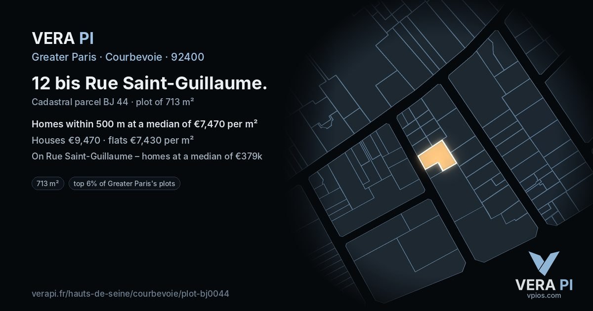 12 bis Rue Saint-Guillaume, Courbevoie at night – the plot lit, the parcels around coloured by the prices near them