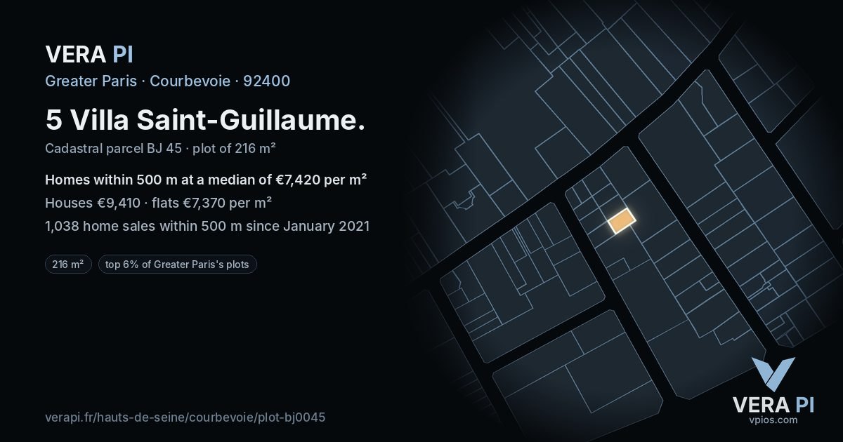 5 Villa Saint-Guillaume, Courbevoie at night – the plot lit, the parcels around coloured by the prices near them