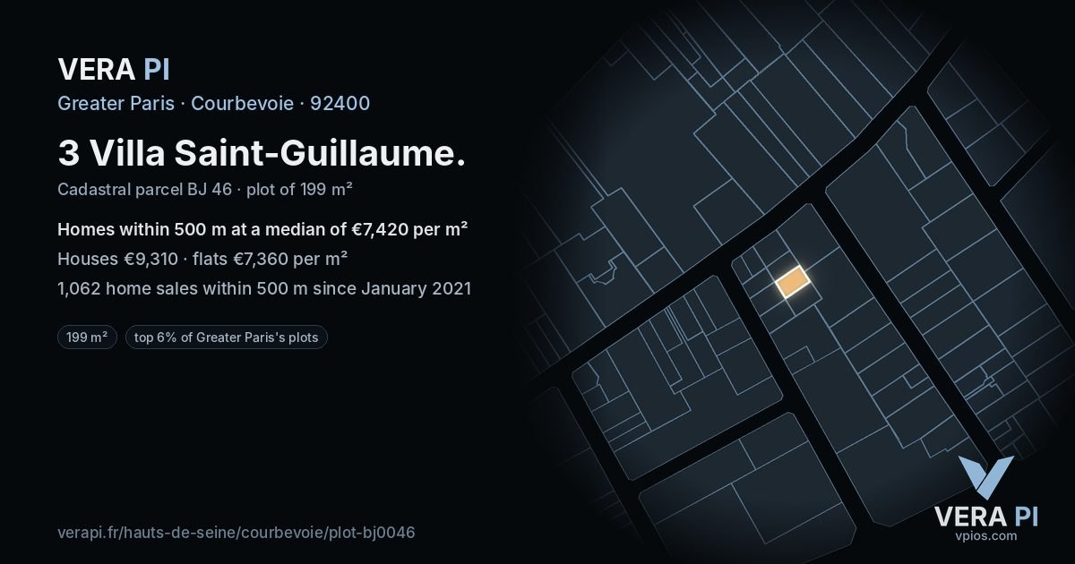 3 Villa Saint-Guillaume, Courbevoie at night – the plot lit, the parcels around coloured by the prices near them