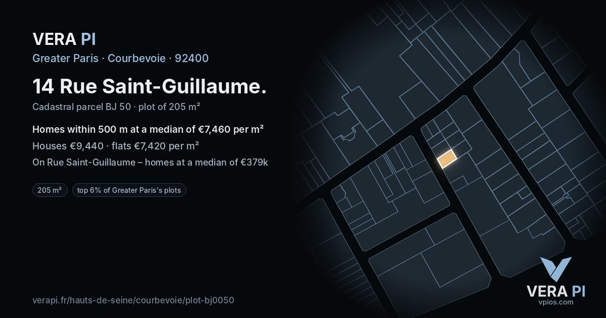 14 Rue Saint-Guillaume, Courbevoie at night – the plot lit, the parcels around coloured by the prices near them