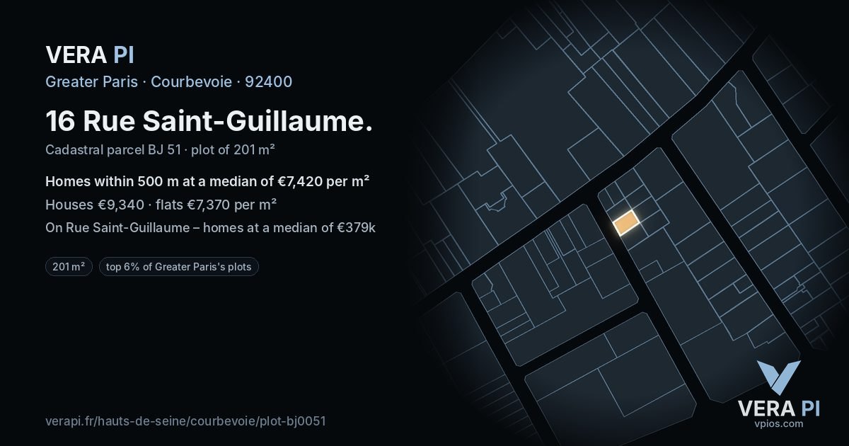 16 Rue Saint-Guillaume, Courbevoie at night – the plot lit, the parcels around coloured by the prices near them