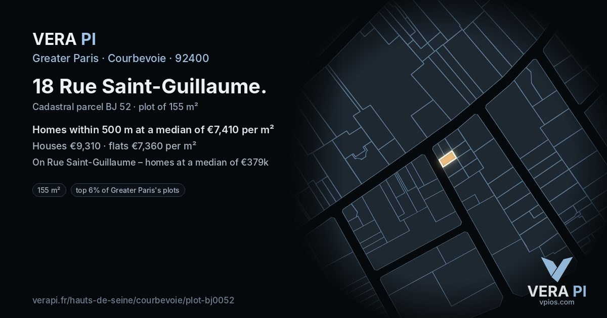 18 Rue Saint-Guillaume, Courbevoie at night – the plot lit, the parcels around coloured by the prices near them