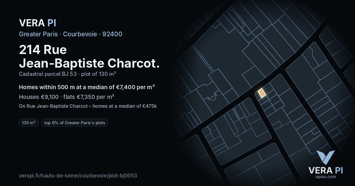 214 Rue Jean-Baptiste Charcot, Courbevoie at night – the plot lit, the parcels around coloured by the prices near them