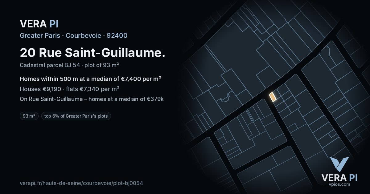 20 Rue Saint-Guillaume, Courbevoie at night – the plot lit, the parcels around coloured by the prices near them