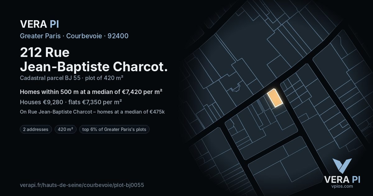212 Rue Jean-Baptiste Charcot, Courbevoie at night – the plot lit, the parcels around coloured by the prices near them