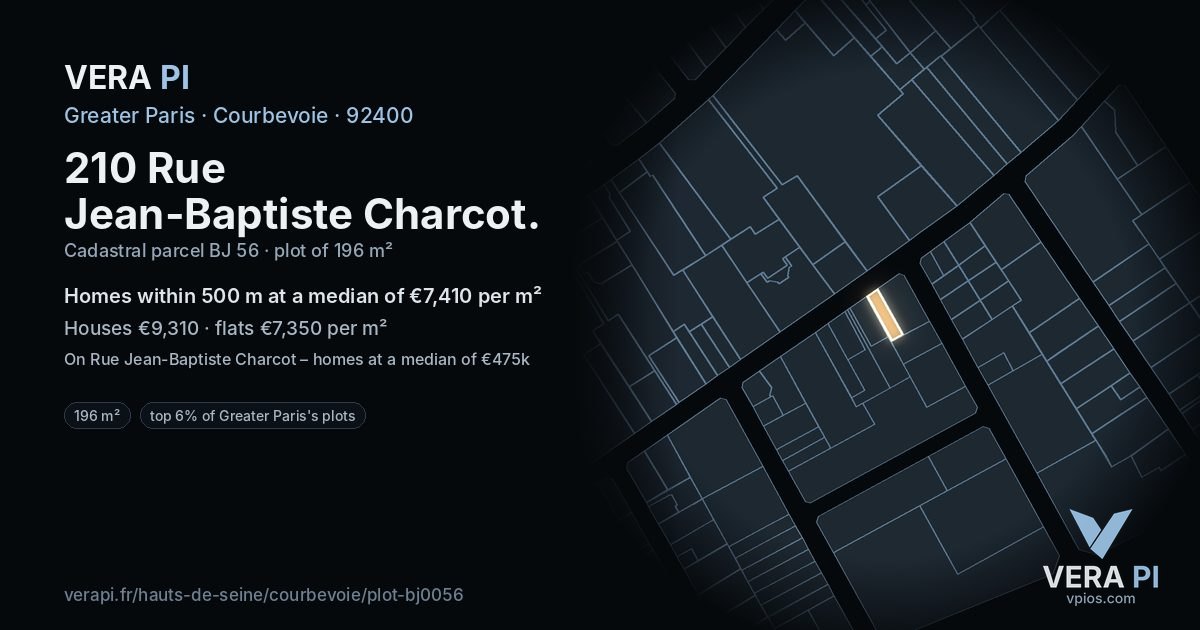210 Rue Jean-Baptiste Charcot, Courbevoie at night – the plot lit, the parcels around coloured by the prices near them