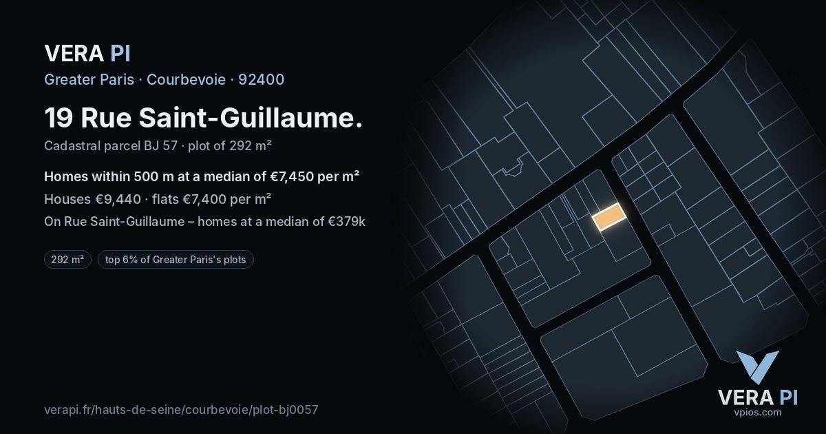 19 Rue Saint-Guillaume, Courbevoie at night – the plot lit, the parcels around coloured by the prices near them