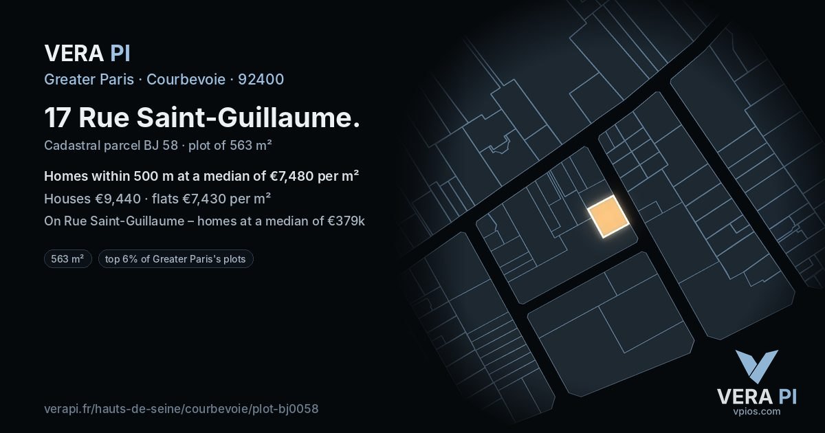 17 Rue Saint-Guillaume, Courbevoie at night – the plot lit, the parcels around coloured by the prices near them