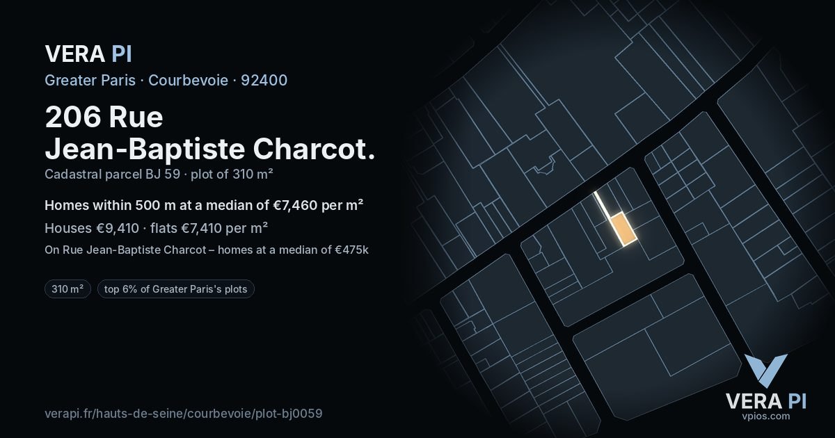 206 Rue Jean-Baptiste Charcot, Courbevoie at night – the plot lit, the parcels around coloured by the prices near them