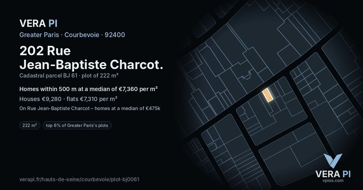 202 Rue Jean-Baptiste Charcot, Courbevoie at night – the plot lit, the parcels around coloured by the prices near them