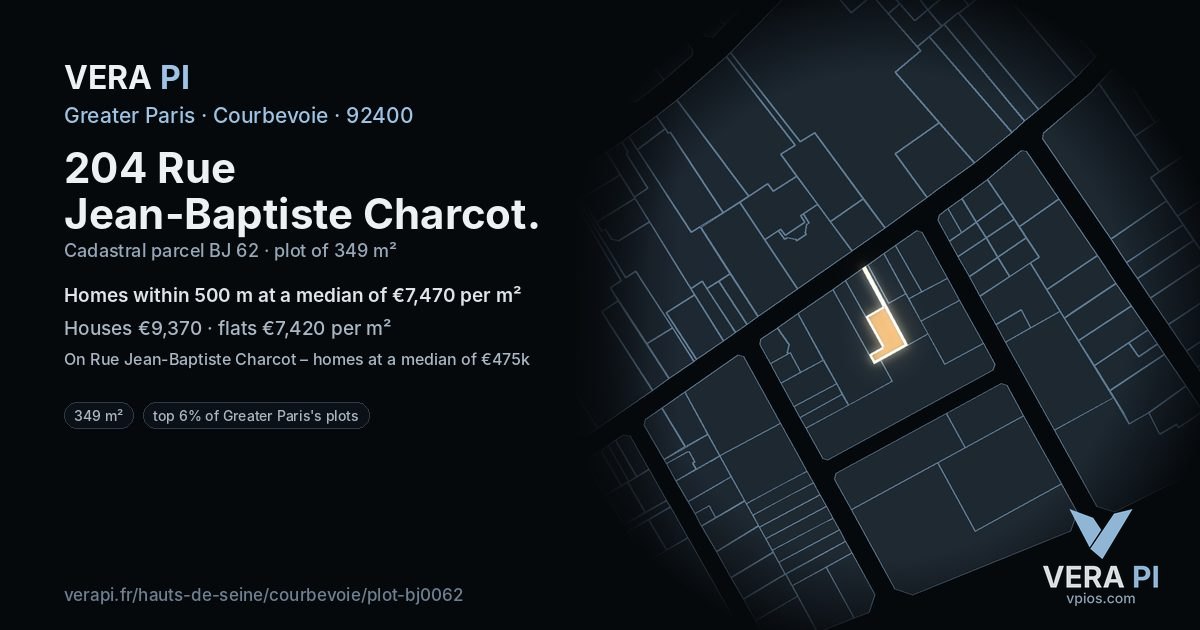 204 Rue Jean-Baptiste Charcot, Courbevoie at night – the plot lit, the parcels around coloured by the prices near them