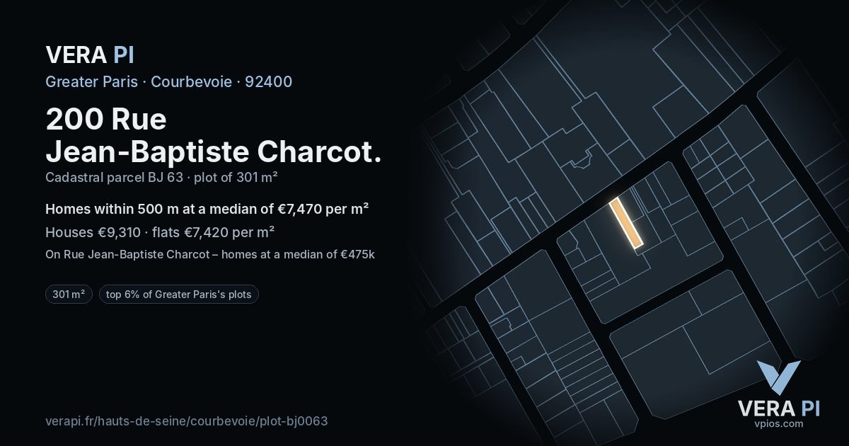 200 Rue Jean-Baptiste Charcot, Courbevoie at night – the plot lit, the parcels around coloured by the prices near them