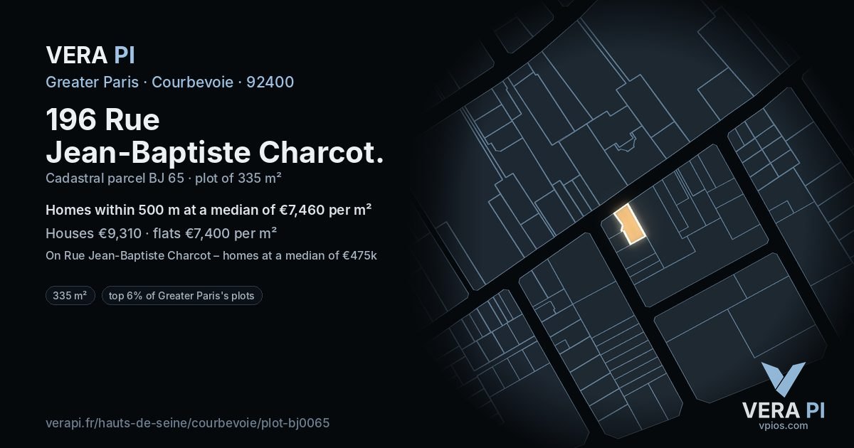 196 Rue Jean-Baptiste Charcot, Courbevoie at night – the plot lit, the parcels around coloured by the prices near them