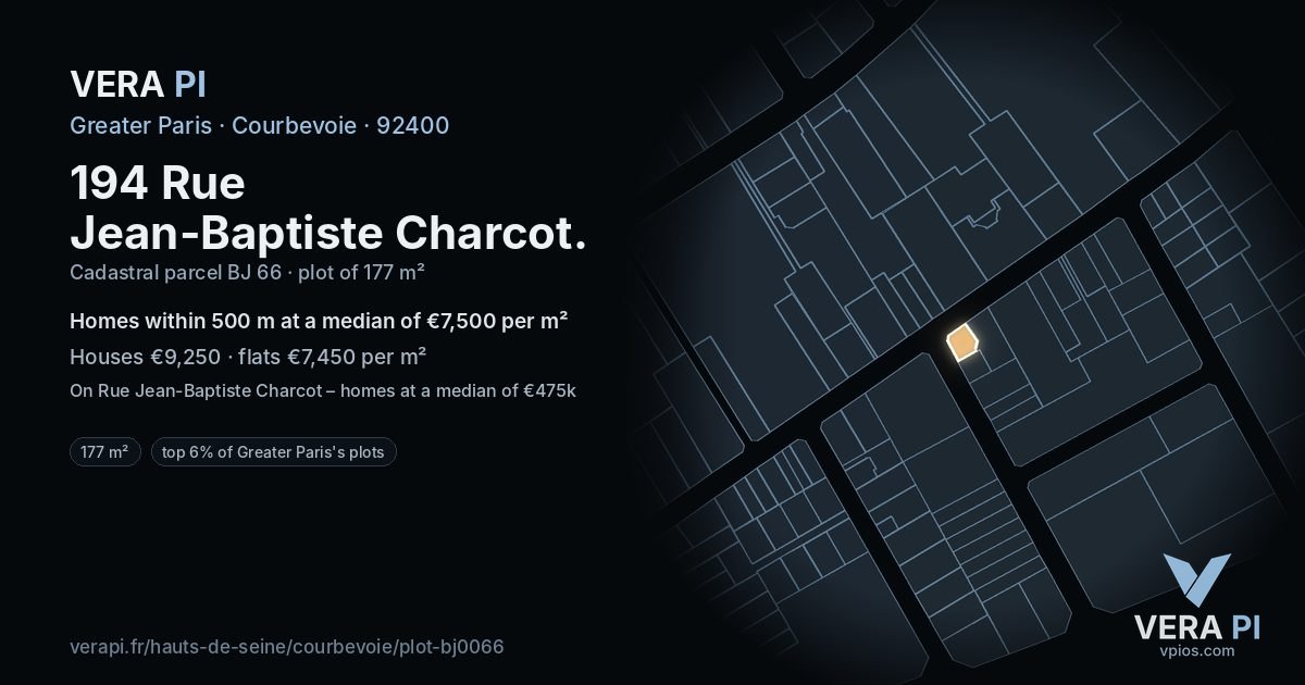 194 Rue Jean-Baptiste Charcot, Courbevoie at night – the plot lit, the parcels around coloured by the prices near them