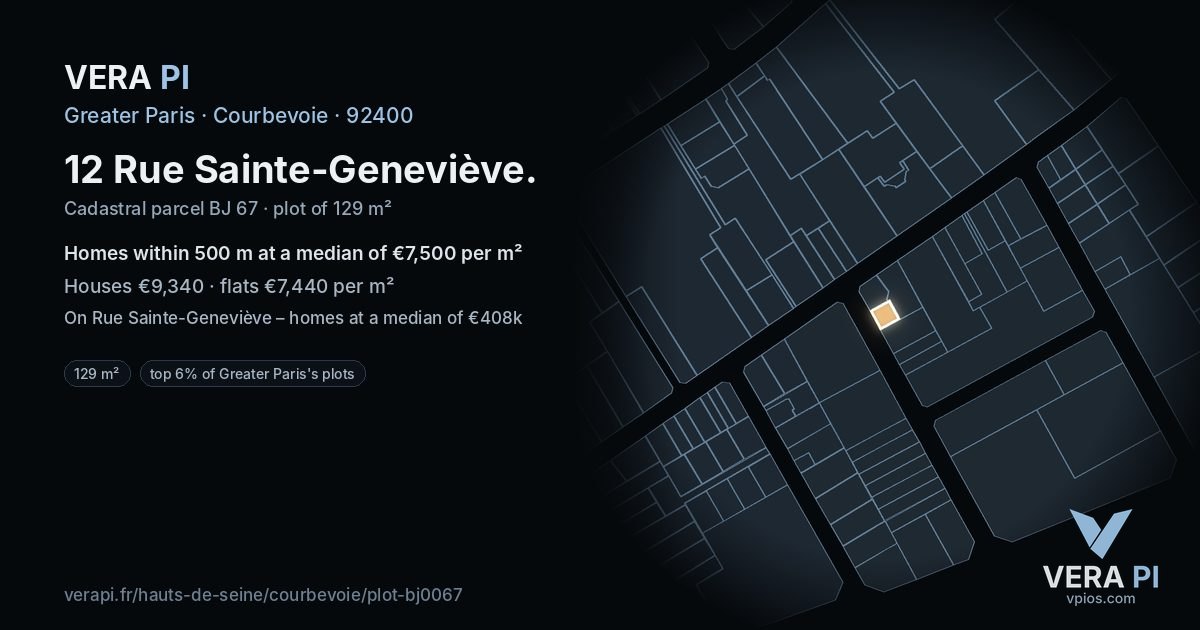 12 Rue Sainte-Geneviève, Courbevoie at night – the plot lit, the parcels around coloured by the prices near them