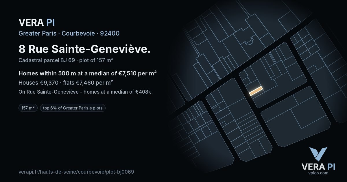 8 Rue Sainte-Geneviève, Courbevoie at night – the plot lit, the parcels around coloured by the prices near them