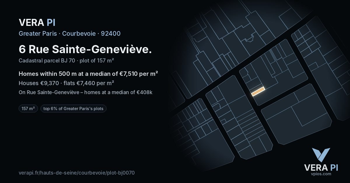 6 Rue Sainte-Geneviève, Courbevoie at night – the plot lit, the parcels around coloured by the prices near them